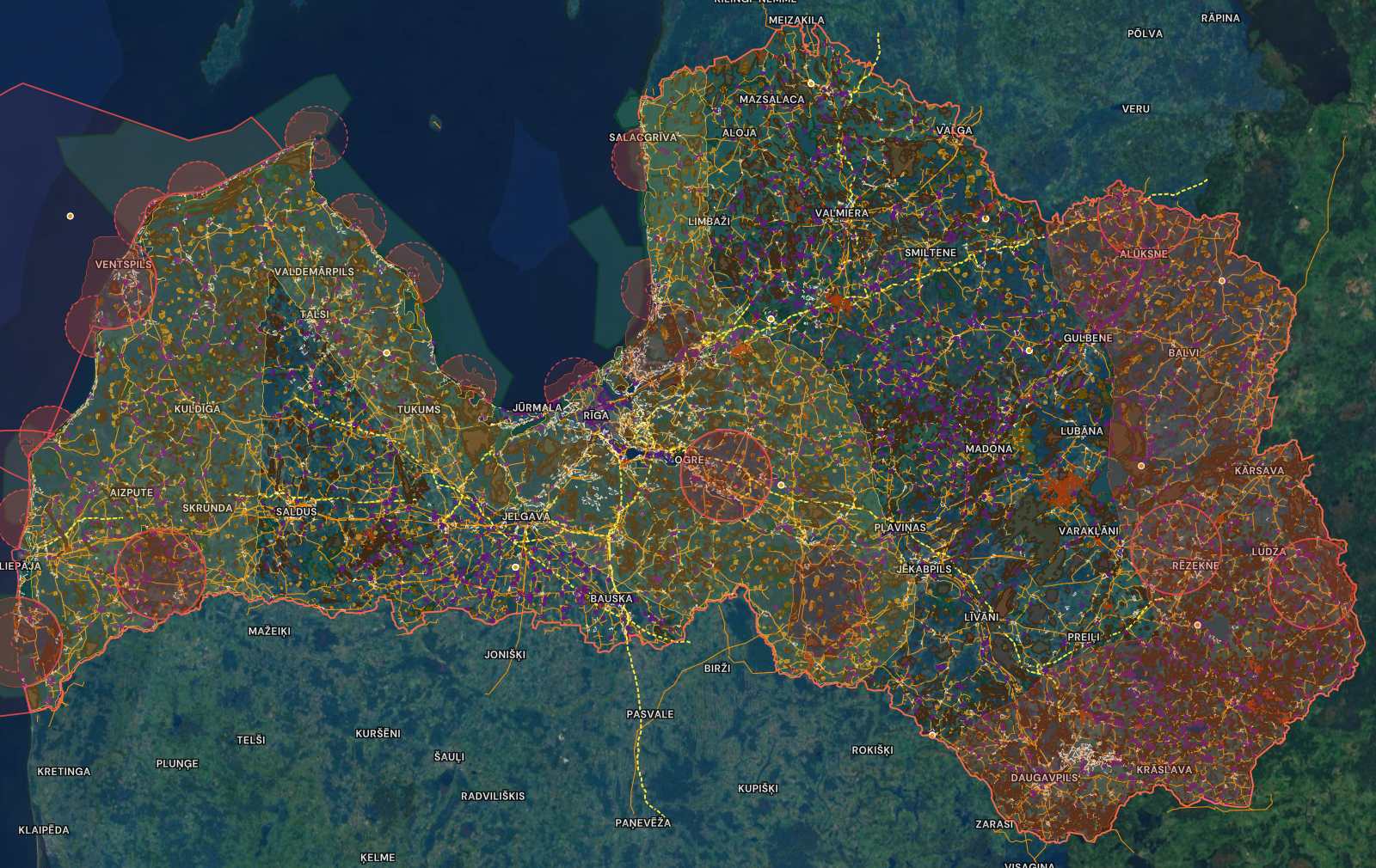 The KALME map of Latvia with every layer switched on except ownership, and the three properties for sale marked