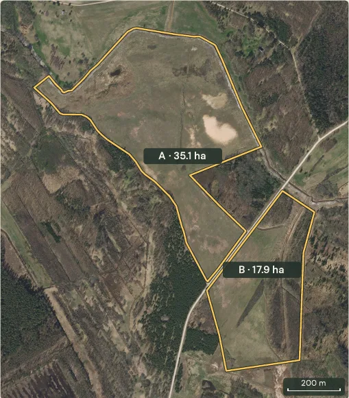 Aerial photo of Lāčpurniņi with parcel boundaries